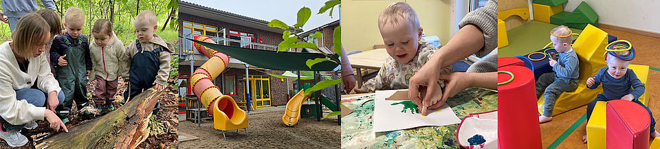 Kita Hainbuchenstieg Quickborn 1 4er-Ansicht mit Kitakindern in der Natur, beim Malen, im Bewegungsraum